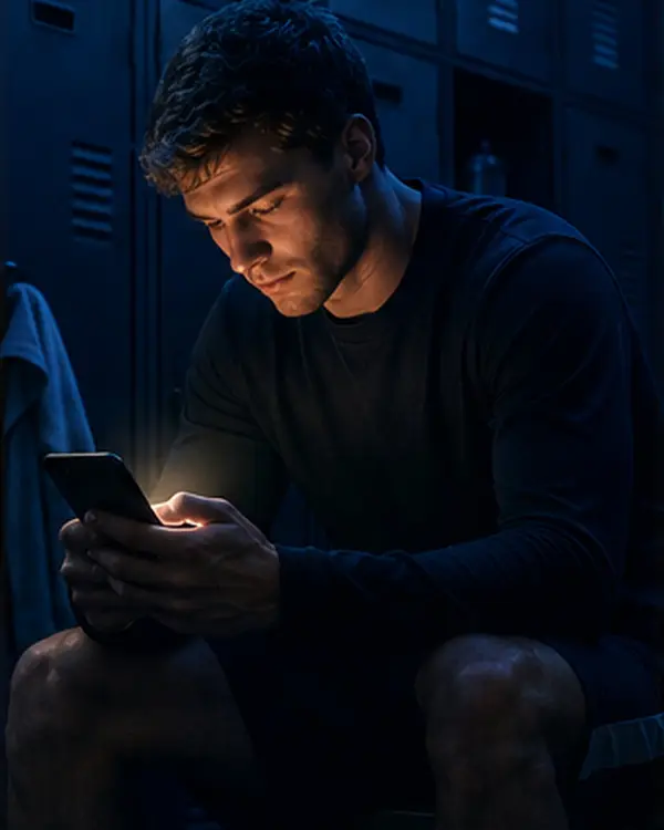 Fighter in dark gym with headphones, eyes closed in mental rehearsal
