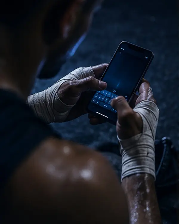 Hands holding a phone with a minimal dark journaling interface at night