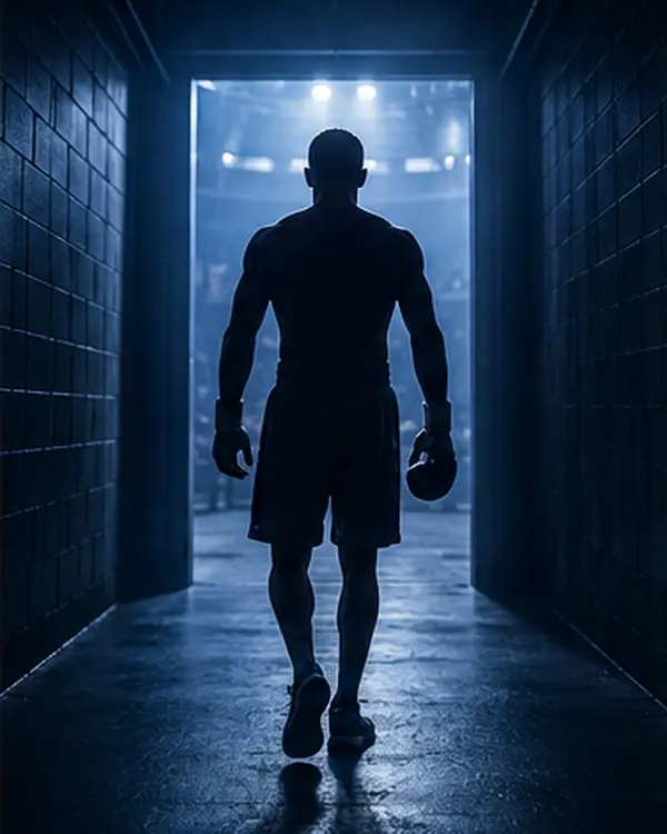Fighter walking down a violet-lit tunnel toward the cage